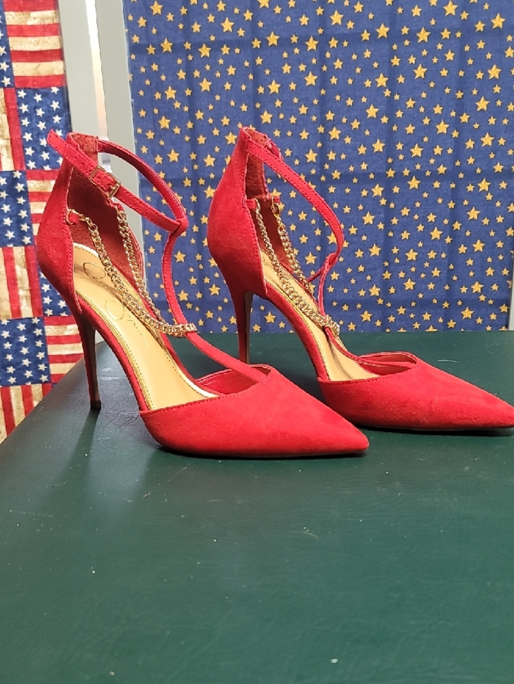 Red Suede Pointed-Toe Ankle-Strap Heels with Gold Chain - Picture 2 of 4